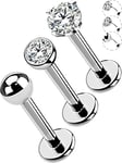 OUFER Body Piercing 3pcsThreadless Push-in Labret Stud Piercing Lip Bars Titanium 6mm/8mm/10mm/12mm Helix Tragus Earring Piercing Jewellery 16G Tragus Helix Conch Lip Piercing Bars