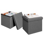 Klihome Lot de 2 Pouf Rangement, Pouf Coffre, Petite Tabouret de Rangement Pliable, 30x30x30cm, Repose Pied Salon, avec Couvercle, Siège Rembourré, en Lin, Gris Foncé, K0005SH-2