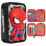 Marvel Trousse Scolaire Garcon, Trousse Compartiments Garnie Fourniture Scolaire, Feutre, Crayon de Couleur, Cadeau Spiderman Avengers Rentrée Scolaire Primaire (3D Spiderman)