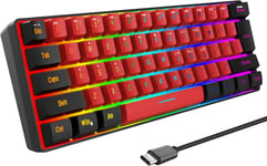 Clavier Gaming 60% Qwerty Noir Et Rouge Filaire Rgb Rétro-Éclairé,Clavier Gamer Mini Ultra-Compact À 61 Touches Pour Gaming,Pc/Mac,Dactylographe,Voyage