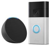 Amazon Battery Video Doorbell (3rd Gen, Satin Nickel) & Echo Pop (1st Gen, Charcoal) Smart Speaker with Alexa Bundle, Silver/Grey