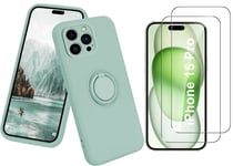 Coque Silicone Pour iPhone 15 Pro Couleur Vert Avec Anneau Support + 2 Verres Tr