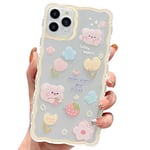 ECZOIL Compatible avec Coque iPhone 11 Pro Max Wave Aesthetic Mignon Dessin Motif Floral et Ours Cute Clear Femmes Filles Kawaii Slim Soft TPU Transparent Phone Case for iPhone 11 Pro Max-Jaune