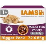 IAMS Delights Complete Wet Cat Food for Adult 1+ Cats Meat and Fish Variety in Jelly Multipack 72 x 85 g Pouches