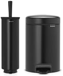 DJI Brabantia Pedal Bin Newicon with plastic inner Bucket, Matt Black - 3 L with Toilet Brush and Holder - Black