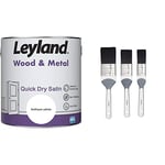 Leyland 423431 Wood & Metal Quick Dry Satin, 2.5 litres, white & Harris 102021010 Seriously Good Woodwork Gloss No-Loss Paint Brushes, 3 Brush Pack, 1", 1.5", 2"