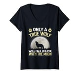 Womens Only A True Wolf Will Fall In Love With The Moon V-Neck T-Shirt