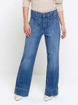 River Island Petite High Waisted Wide Flared Jeans - Blue, Blue, Size 10, Inside Leg Xshort, Women