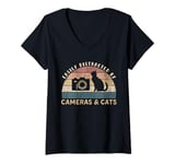 Womens Easily Distracted By Cameras & Cats Retro Funny Photographer V-Neck T-Shirt