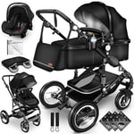 KIDUKU® Poussette Combinée 3 en 1 | Trio pour Enfants | Siége Auto Légère, Piable | Nacelle Souple Convertible | Set de Voyage (Noir)