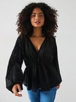 Vila V Neck Lace Detail Blouse - Black, Black, Size 36, Women