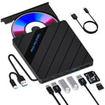 8-in-1 External CD DVD Drive for Laptop USB 3.0 Type-C Slim Portable Player CD DVD RW Burner Writer Reader with SD/TF Slot & 4 USB Ports, Optical Disk Drive for Windows11/10/Mac OS/Macbook/Vista/Linux