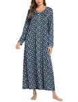 Ekouaer Chemise De Nuit pour Femmes Vêtements De Nuit À Manches Longues Robe De Nuit Longue Déshabillé Doux Col en V Vêtements De Nuit,Fleurs Bleu Marine et Blanches,S