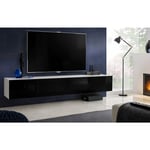 Meuble Banc tv Loreto, Façade Brillant Noir/Corps Blanc Mat, Largeur 200 cm x Hauteur 30 cm x Profondeur 41,5 cm, Style Moderne/Minimaliste, pour