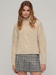 Superdry Aran Cable Knit Polo Jumper - Cream, Cream, Size 12, Women