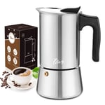 LIBWYS 7-in-1 Stovetop Coffee Maker Set 200 ml/4 Cups Food-Grade Stainless Steel Moka Pot Espresso Maker with Coaster Bag Extra Silicone Gasket Seal Spoon Brush Instruction