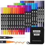 Tongfushop Feutres Pinceaux, 48 Couleurs Feutres Coloriage Adulte, Sûr et Durable Stylo Feutre Aquarelle, Double Pointe Fine Brush Pen 0.4mm et 5mm, Pour Bullet Journal, Livre de Coloriage