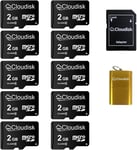 10 Cartes Micro SD de 2 go avec Adaptateur SD Lecteur de Carte mémoire (Carte Micro SD de 2 go).[G227]