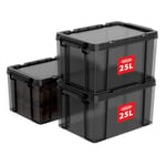 Cetomo 25L*3 Storage Boxes, Stackable Storage Box with Lids, Heavy-Duty Lidded Container with Reinforced Corners, Vertical Sides and Clip Closure, Durable, Plastic, Clear Black, 25L-3Pack