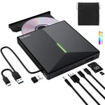 PeroBuno External CD DVD Drive with 4 USB Ports and 2 TF/SD Card Slots, USB 3.0 Portable CD/DVD Disk Drive Player Burner Reader Writer for Laptop Macbook Desktop PC Windows 11/10/8/7/XP Linux Mac OS