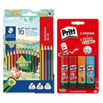 Staedtler Crayons de Couleur Noris Colour 16 pièces, résistance Accrue à la Rupture, Forme Triangulaire, Surface Douce et 4 bâtons de Colle Pritt, 187 C12PX2, Multicolore