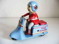 King Scooter Girl, clockwork wind up tin toy collectable motorcycle