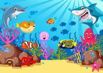 Haosphoto Kids 1st Birthday Backdrop 7X5FT Underwater World Vinyl Backdrops Cartoon Fish Coral Baby Shark Photography Background for Boys Happy Birthday Dessert TaHSe Wallpaper Photo Studio Props HS95