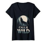 Womens Call of the Wild Howling Wolf Under Full Moon V-Neck T-Shirt