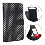 Ph26® Etui Housse Folio Noir À Pois Dorés Pour Htc Windows Phone 8s En Éco-Cuir Avec Porte Cartes, Miroir Et Surpiqures Apparentes