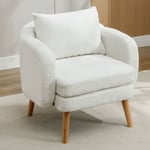 Fauteuil scandinave Moderne en Velours Teddy avec coussin extra épais,Fauteuil de Salon,Chaise longue à pieds en bois massif - Blanc