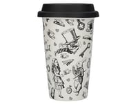 V&A Ceramic Travel Mug, Alice in Wonderland' Design, Fine Bone China, 19.5 x 15.5cm, Black & White