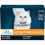 GOURMET PERLE | Adulte Chat | Les Filettines En Sauce | Dinde, Canard, Agneau, Thon | 12 x 85 g | Lot de 6| Sachet fraicheur