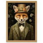 Artery8 Fox in Floral Victorian Suit and Top Hat Surrealism Artwork Green Orange Woodland Gentleman Artwork Framed Wall Art Print A4