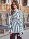 Sosandar Stripe Side Tie Blouse - Black/White, Black/White, Size 16, Women