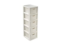 BranQ - Home essential, Rattan Design BPA Free Plastic 5 Drawer Storage Unit, Ideal for Home Office, Bedroom and Bathroom Storage, 29.5 x 24 x 80 cm (LxWxH) - Cream