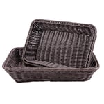 WANDIC Woven Basket, 2 Pcs Poly-Wicker Bread Storage Baskets For Food Fruit Vegetables, Shallow Shop Supermarket Display Serving Restaurant Home Kitchen, Rectangle/Dark Brown (35*25*7CM / 30*20*7CM)
