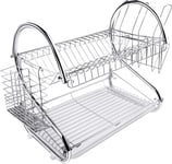 Two Tier Dish Drainer Rack Silver, Bowls Dishes Plates Cup Holder with Drip Tray