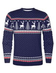 Aottori Pull de Noël Col Rond sous-Pull de Noël Famille avec Renne Flocon de Neige Pullover Tricoté à Manches Longues Chaud Basique Sweater Chandail Homme-Marine XL