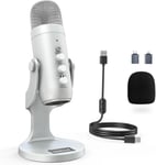 Microphone USB, Micro podcast à Condensateur pour Téléphone PC Ordinateur PS5, avec Muet/Echo et Prise Moniteur, pour Enregistrement, Gaming, Diffusion en Direct,Twitch Streaming, k66 Argent.[G12]