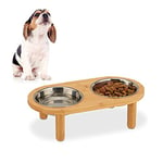 Relaxdays Feeding Station for Small Dogs, 2 Bowls, 300 ml, Raised, Bamboo, Stainless, HWD: 9.5x34.5x18cm, Natural/Silver, 9.5 x 34.5 x 18 cm