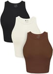 OLCHEE Womens 3 Pack Crop Tank Tops Basic Seamless Ribbed Round High Neck Racerback Workout Top Summer Causal Yoga Gym Shirts, Black + Brown + Beige, S