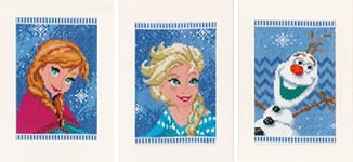 Vervaco Kit de Point de Croix compté, Cartes, Disney, Frozen - Elsa, Olaf et Anna, Lot de 3