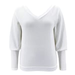 EIJFKNC Femmes Printemps Sexy Col en V Dos Nu Tops Casual À Manches Longues Lâche Tops Automne Femme Solide Plissé Patchwork Tricoté Pull Tops, Blanc, S