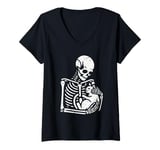 Womens Vintage Skeleton Holding A Cat V-Neck T-Shirt