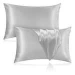 Veaken Silk Pillowcase for Hair and Skin, 2 Pack 100% Mulberry Silk Pillowcase 25 Momme, 600 Thread Count, Both Side Pure Silk Pillow Cover with Hidden Zipper (Gray, Standard 20''×26'')