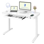 FLEXISPOT Bureau Assis Debout avec Plateau en Verre, Coiffeuse avec Tiroir et Connexions Type C et Type A (120 x 60 cm, Blanc)