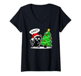 Womens Funny Black Cat Tee Pushing Christmas Tree Over Cat What? V-Neck T-Shirt