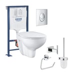 Pack WC suspendu sans bride GROHE Bau ceramic + Bâti support Solido + abattant + plaque ovale chromé + accessoires salle de bain