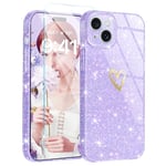 Fingic for iPhone 15 Plus Case[with 1x 9H Tempered Glass Screen Protector]Clear Glitter Cute for Women Girls Slim Phone Cases Shockproof Bumper Protective Antiscratch Soft Silicone Thin Cover(Purple)