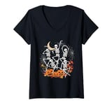 Womens Halloween Pumpkin Jack Dancing Skeleton Dance Under the Moon V-Neck T-Shirt